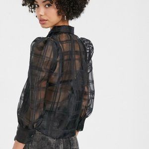 NWT Monki puff sleeve check sheer blouse